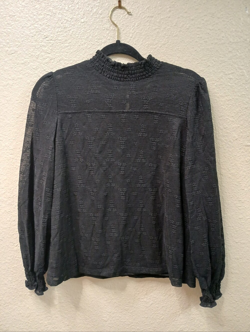 Semi Sheer Black Textured Lace High Neck Top